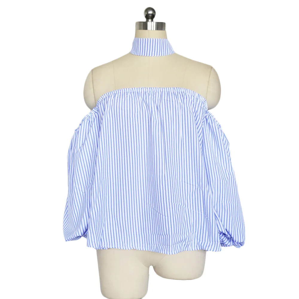 Женская блузка в полоску с открытыми плечами и рукавами фонариками|blusas plus|women