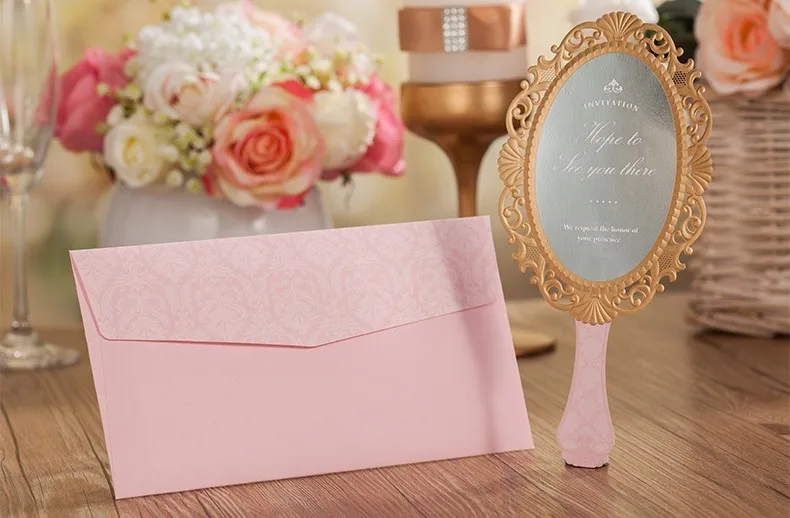 Новый стиль розовый зеркало Форма лазерная резка Свадебная Открытка Приглашения