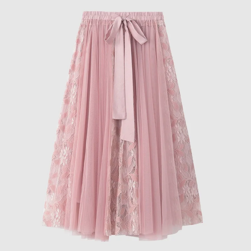Pink Aonibeier модная Эластичная Высокая талия Женская плиссированная юбка макси летняя сетчатая и кружевная Лоскутная кружевная повседневная юбка - Цвет: Pink