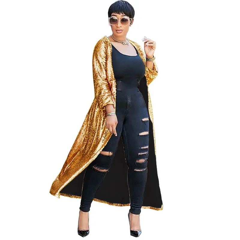 Women Autumn Sparkly Gold Long Cardigan Coat Open Front Sequin Party Glitter Trench Outwear | Женская одежда
