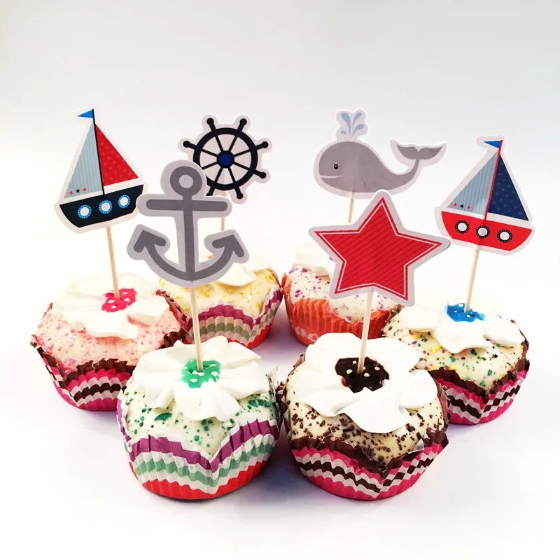 24pcs cake toppers Вечерние принадлежности синий парусник навигатор печатная тема одноразовая посуда наборы для детского душа Детские предметы для украшения дня рождения - Цвет: 24pcs cake toppers
