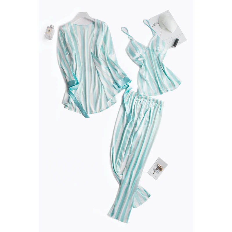 3 piece Striped Pajama Sets sleepwear Ladies top Sexy Big Size bath robe Homewear women set Autumn Winter | Женская одежда