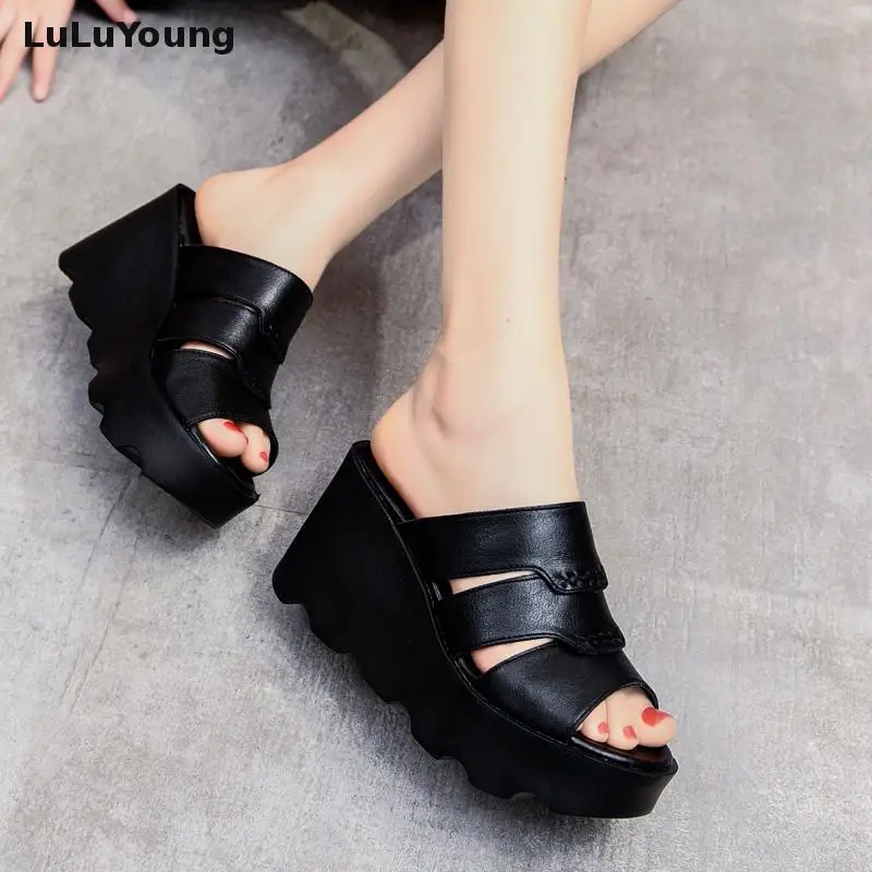 Шлепанцы из натуральной кожи сандалии на высоком каблуке босоножки платформе