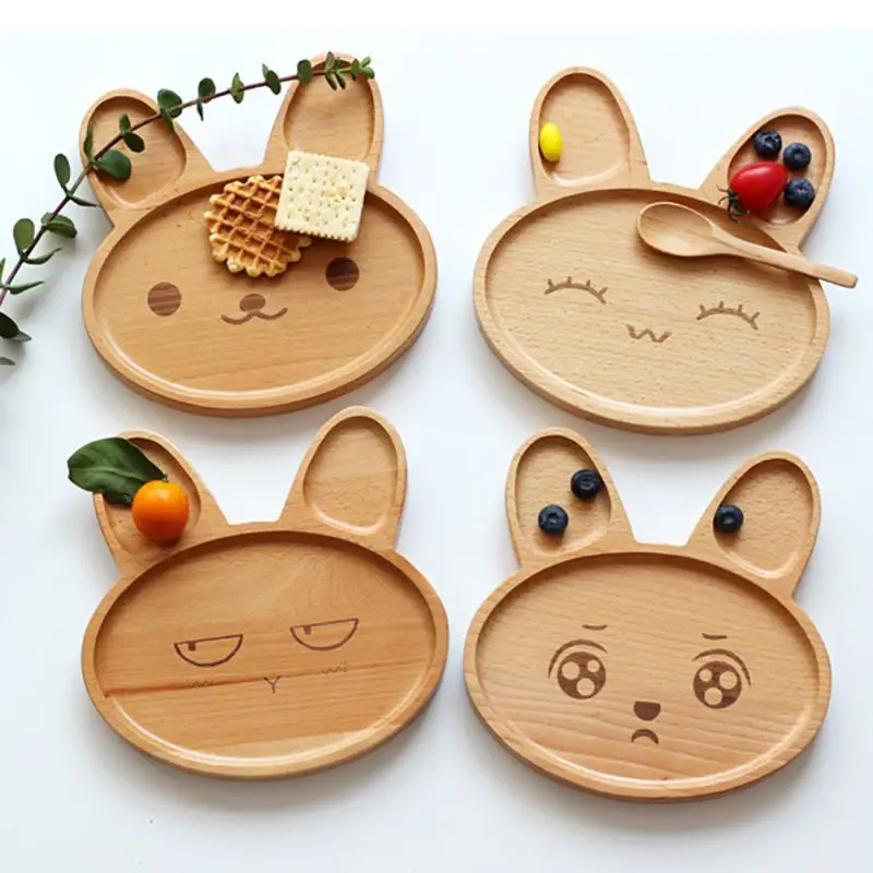 Kitchen Table Decor Accessories Wooden Cartoon Rabbit Bunny Face Pattern Food Tray Children Cute Animals Snack Dish for Kids