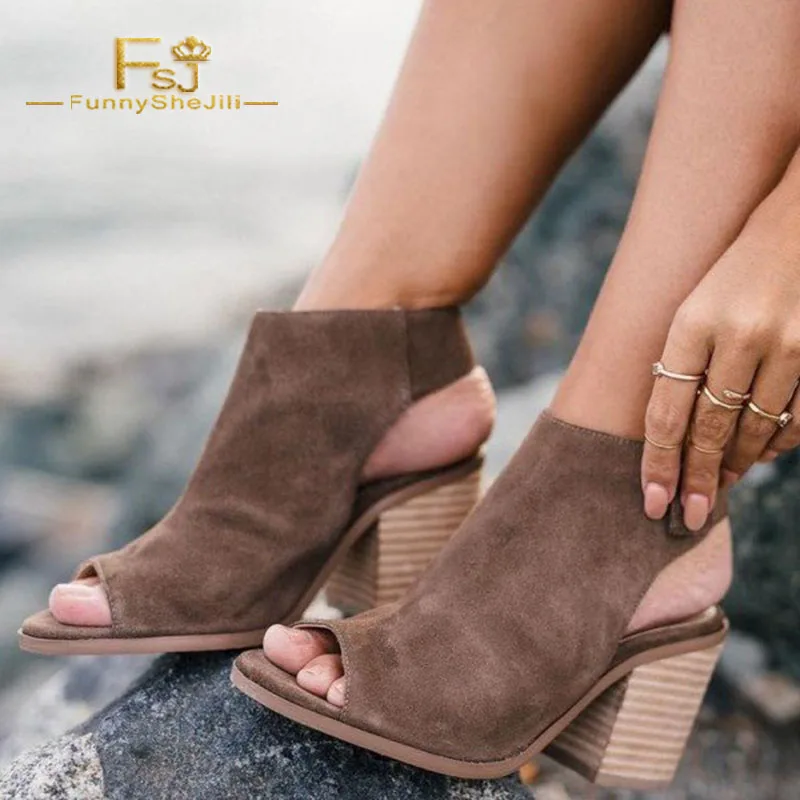 

FSJ Women Brown Slingback Suede Cork Chunky Heel Ankle Summer Boots 2022 Peep Toe Fashion Work Date Dress Short Female Booties