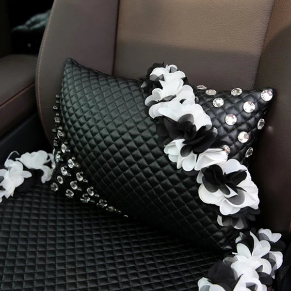 1pcs lumber pillow MeimeiBear стразы, кожа, подушка для автомобильного сиденья, универсальный 38 см, чехлы на рулевые колеса для кружевных цветов, подушки, колодки-черный - Название цвета: 1pcs lumber pillow