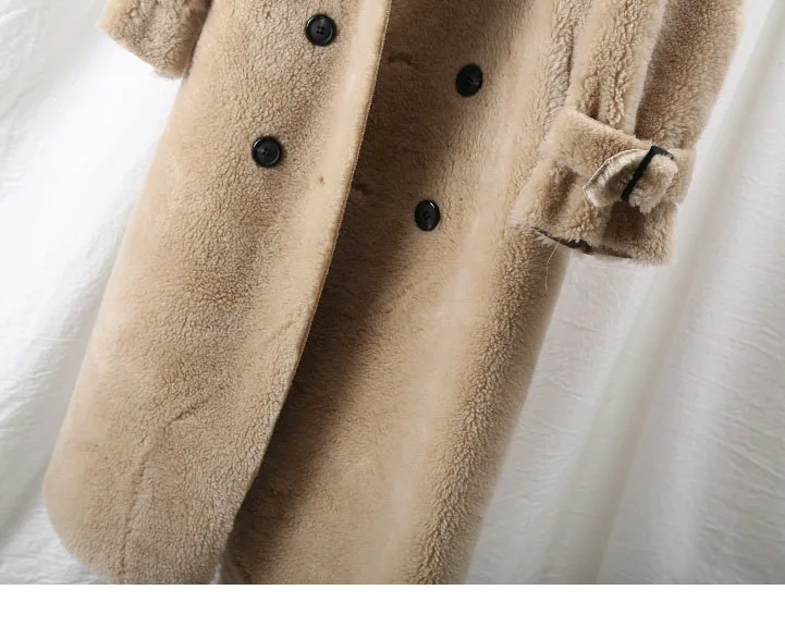 OFTBUY winter coat women windbreakers natural wool lamb fur sheepskin faux leather long trench coat Double-breast jacket