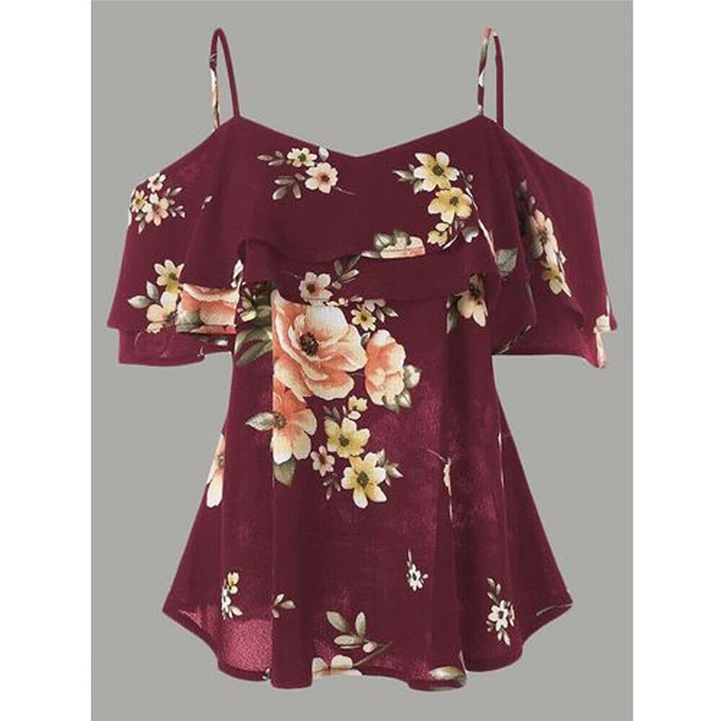 Женские шифоновые топы с бретельками, свободная блузка с коротким рукавом, топы с цветочным принтом, повседневные женские топы и блузки, лето