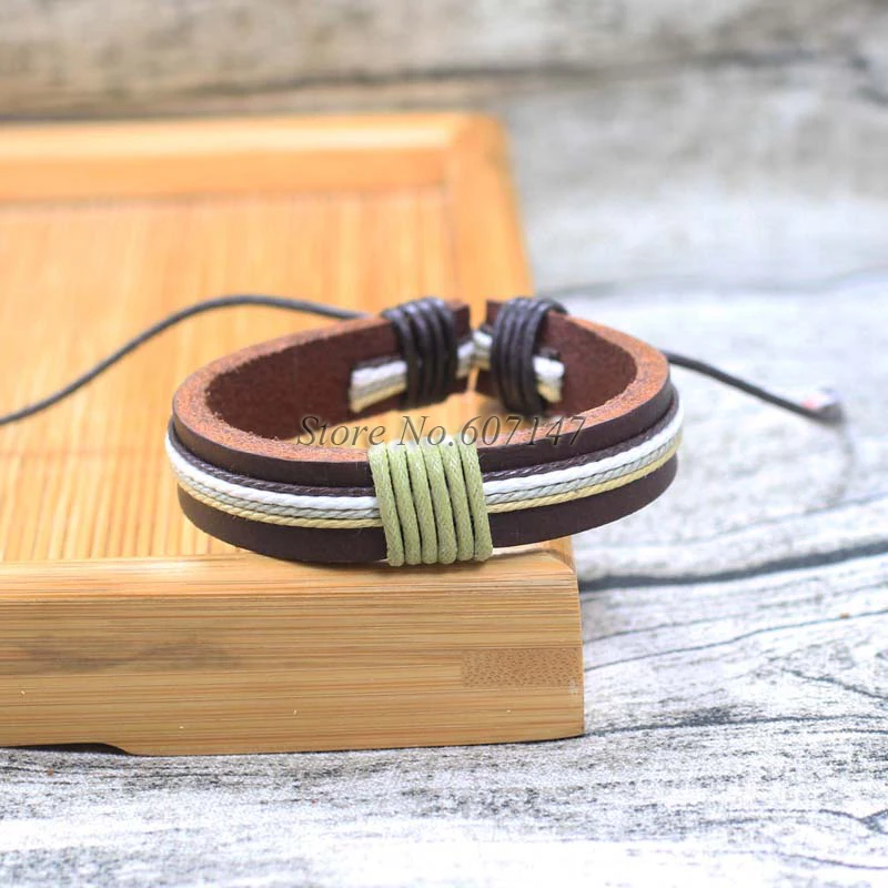 6pcs/lot Twist Handmade Bangle pulseira masculina Wrap Brown Retro Genuine Leather Bracelet Men with Braided Rope PT12 | Украшения и