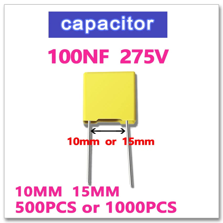 

JASNPROSMA 100NF 500PCS 1000PCS Safety Capacitor X2 275VAC Pitch 10mm 15mm 0.1UF 104 10% K 275V 104K