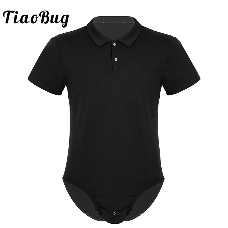 TiaoBug Men Short Sleeves Turn-down Collar Snap Crotch Shirt Bodysuit Romper Pajamas Sexy Male One-piece Casual Shirts Costume | Мужская