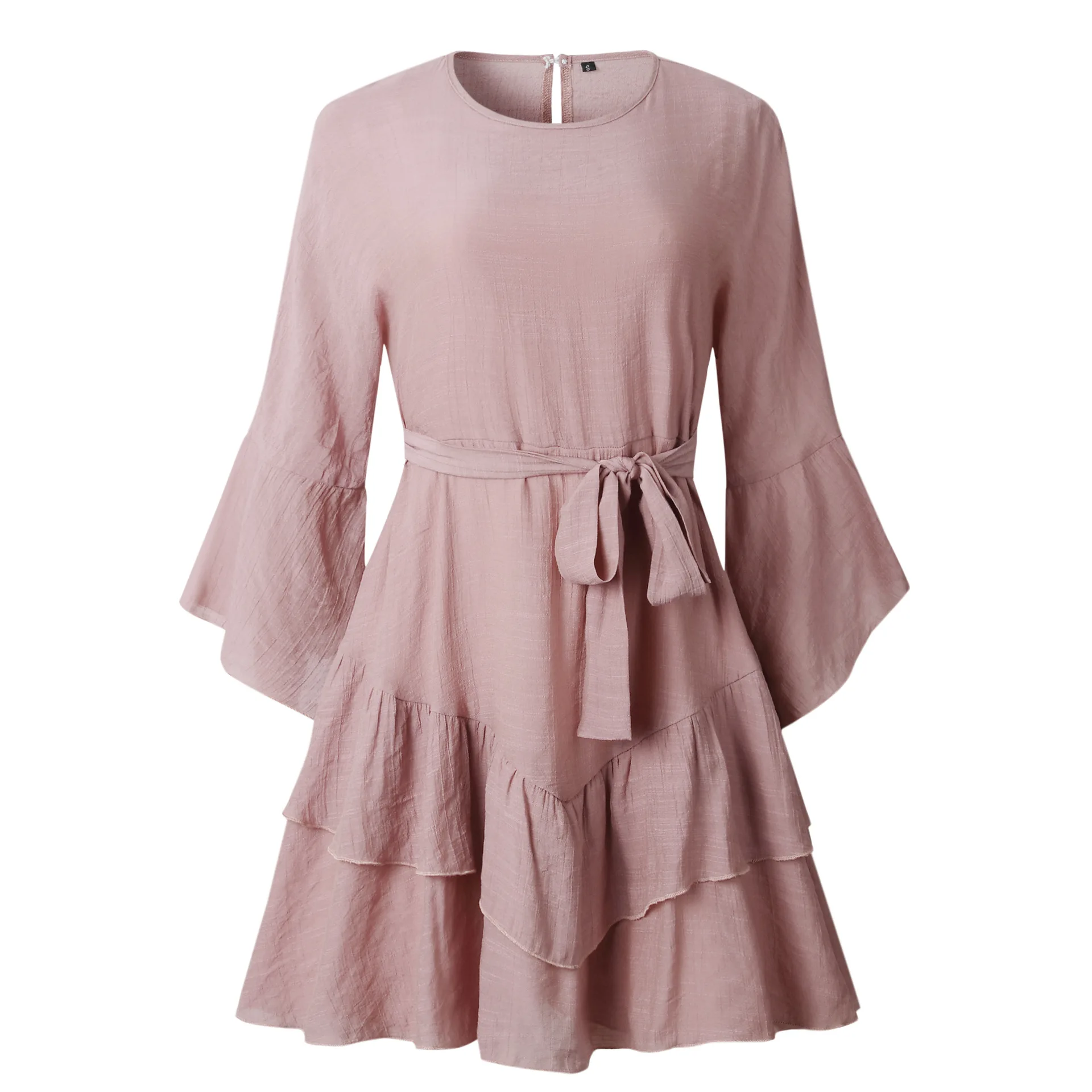 

LOSSKY Ruffles Solid Mini Dress Casual 3/4 Sleeve O Neck Sashes Women's Spring Summer Eleagnt Dresses A-Line Bow Tie Short Dress
