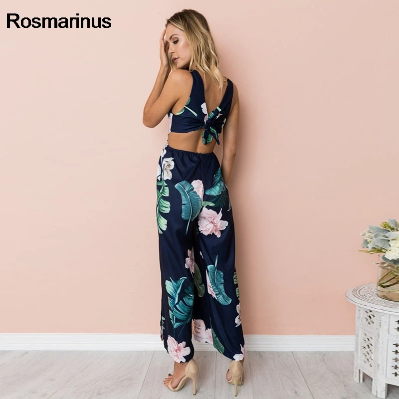 Boho Комбинезоны для женщин 2018 лето с v-образным вырезом на шнуровке бантом спине