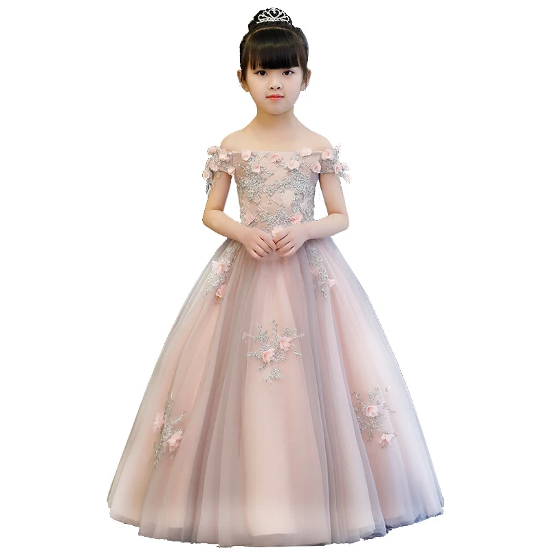 

New Floral Girls Party Dress Shoulderless Elegant Kids Wedding Clothing Birthday Banquet Ball Gown Girl's Vestidos S25