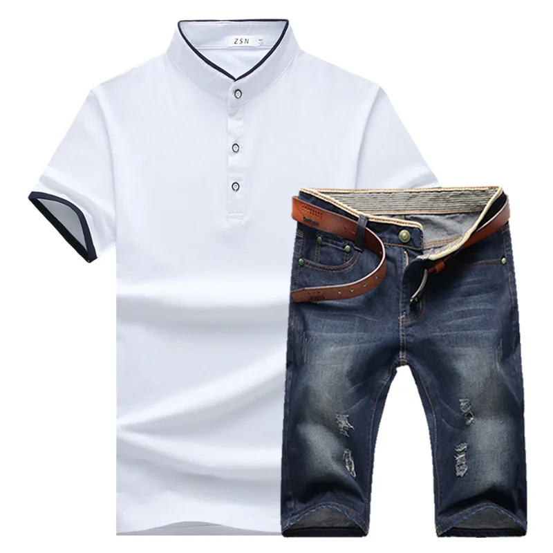 2019 summer fashion new men's casual stand collar short sleeve T-shirt denim cowboy sets / male tops shorts suits | Мужская одежда