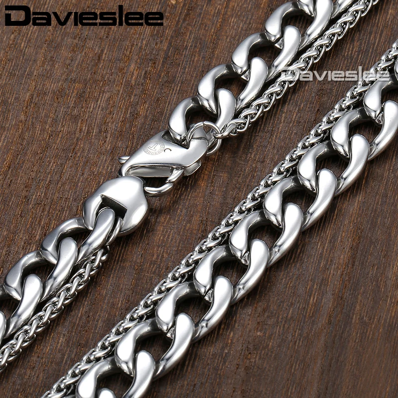 Davieslee Necklace For Men Silver Stainless Steel Cuban Wheat Link Chain Cross Pendant 2018 Jewelry 13mm 24inch LDN01 | Украшения и