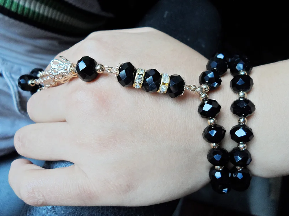 Винтаж мусульманские религиозная молитва бусины 2R Веревка Цепи стрейч tasbih браслет ювелирные изделия, Черный Кристалл Ислам для