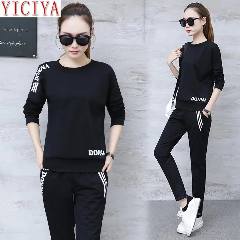 black Женский спортивный костюм YICIYA, комплект из 2 предметов, наряд Зима Весна, комплект из двух предметов, брюки и топ, элегантная одежда большого размера плюс, черная одежда - Цвет: black