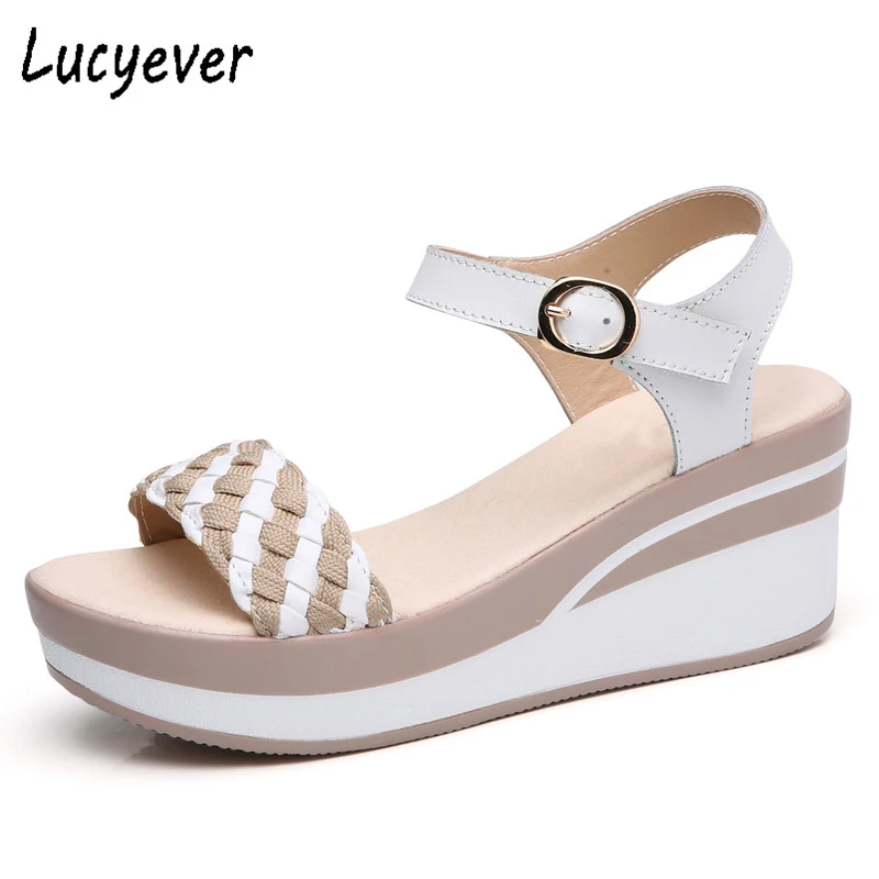 Lucyever/женские летние босоножки женские из натуральной кожи на танкетке