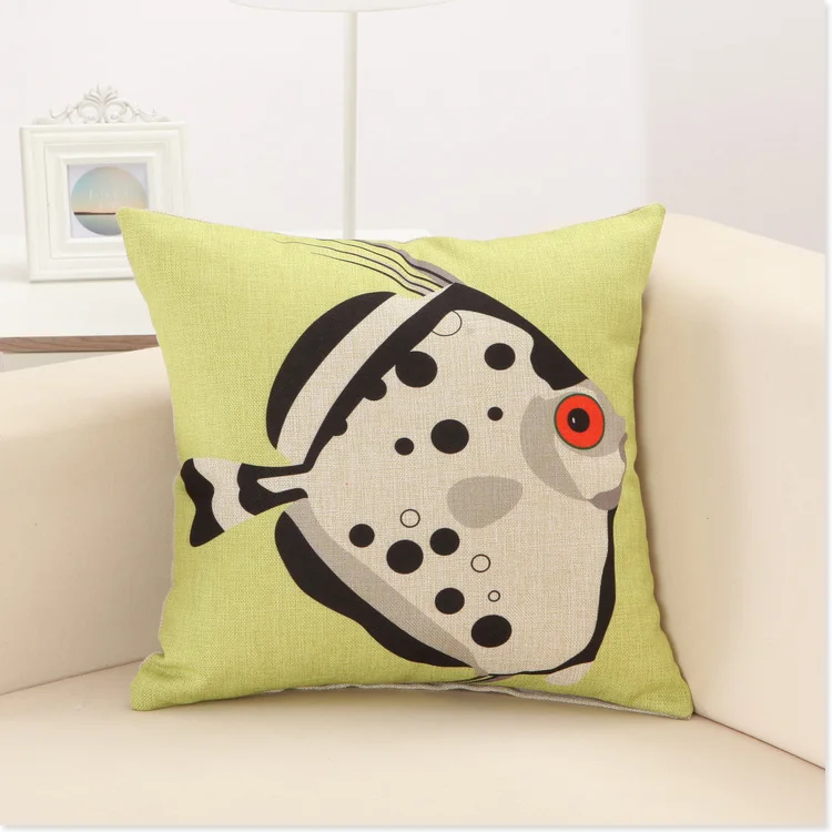 Мультяшная льняная хлопковая Подушка с морскими рыбками декоративная подушка