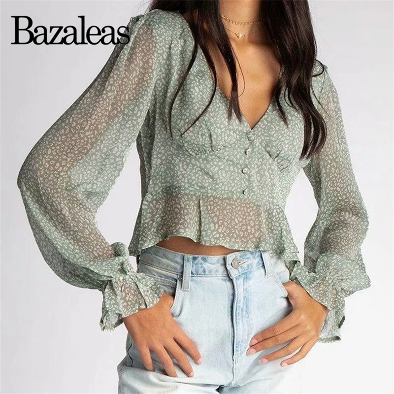 Женская укороченная блузка Bazaleas винтажная зеленая с леопардовым принтом на