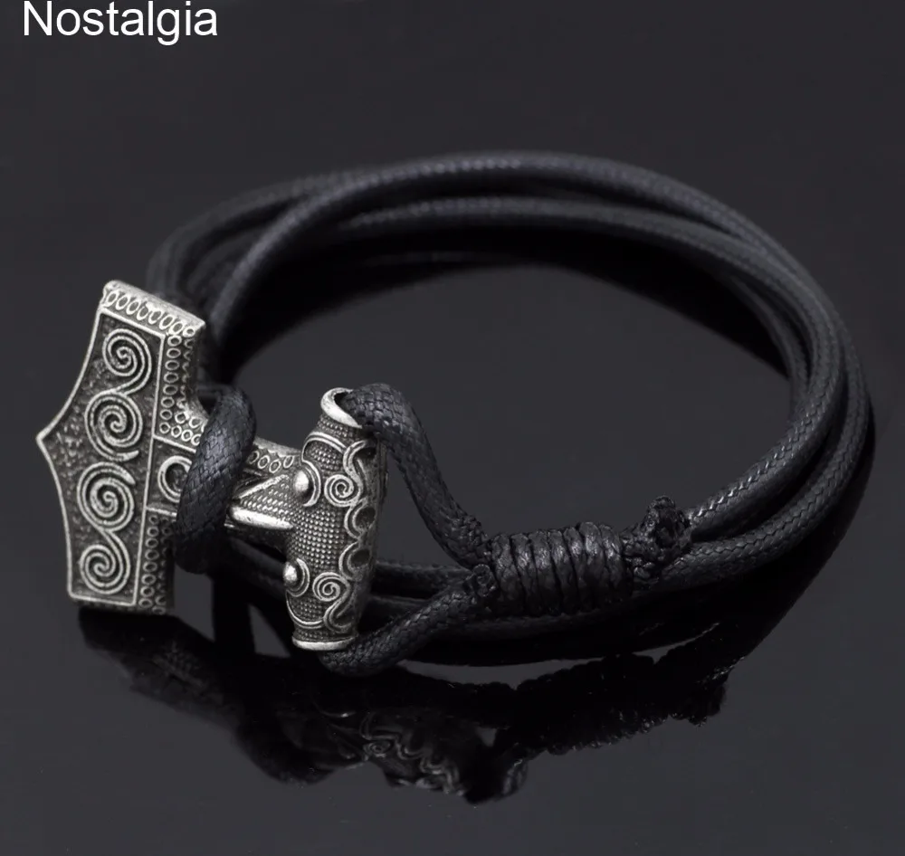 Ностальгия Thor Hammer Raven Amulet Viking Tribal Jewelry Регулируемый Черный Кожаный Браслет