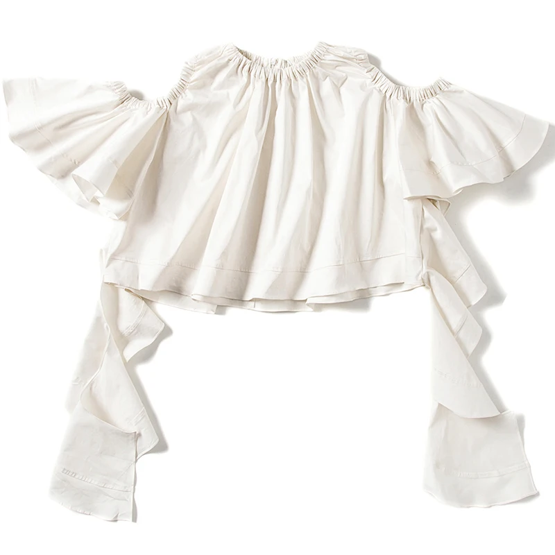 TWOTWINSTYLE Ruffles Short Shirt Female Hollow Out Flare Sleeve Ribbons Lace Up White Blouse Women 2019 Spring Summer Sexy New |