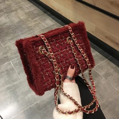 Red TOYOOSKY Модные женские шерстяные стильные сумки клетчатые сумки высокого качества дамские сумки на плечо Большая вместительная сумка-тоут с цепочками - Цвет: Red