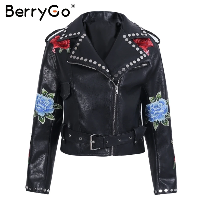 Женские куртки из искусственной кожи BerryGo с цветочной аппликацией и заклепками