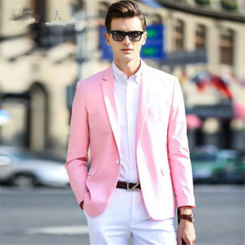 2019 Casual Pink Coat White Pant Men Suit For Wedding 2 Pieces Custom Made Groom Tuxedos Fashion Notch Lapel Blazer For Best Man