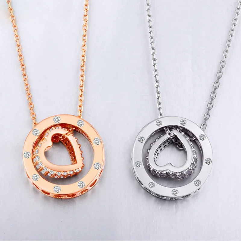 Два слоя круглый кулон содержит любящее сердце Серебро 925 Циркон ожерелье Fine Jewelry