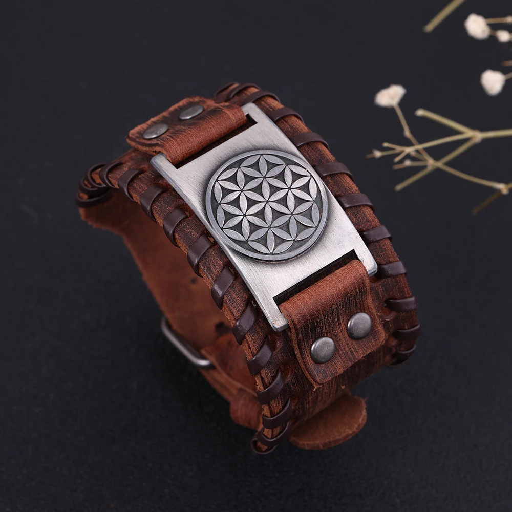 Dawapara Flower Of Life Vintage Bangles For Men Handmade Brown Wide Leather Bracelets Man Amulet Jewelry BROWNB109576-9-W-L | Украшения и