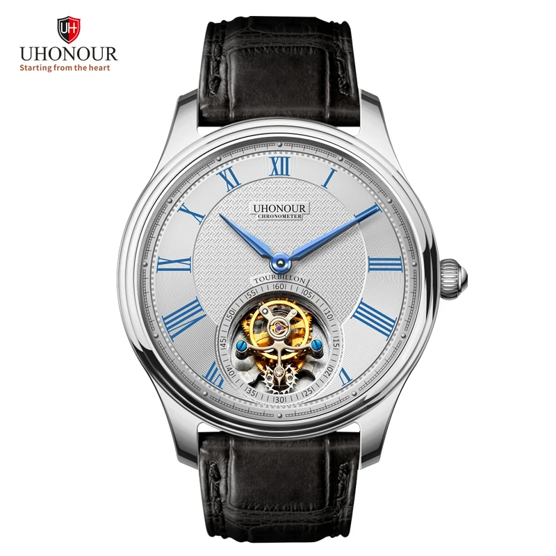 White Blue Black Классические Механические часы с турбийоном, мужские часы с ремешком из крокодиловой кожи, римские часы с циферблатом, мужские механические часы с турбийоном - Цвет: White Blue Black
