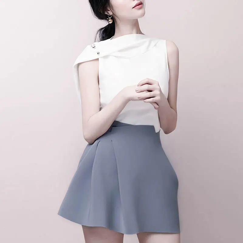 

Женский летний костюм из двух предметов, Белый Топ без рукавов и мини-юбка с высокой талией, 2019