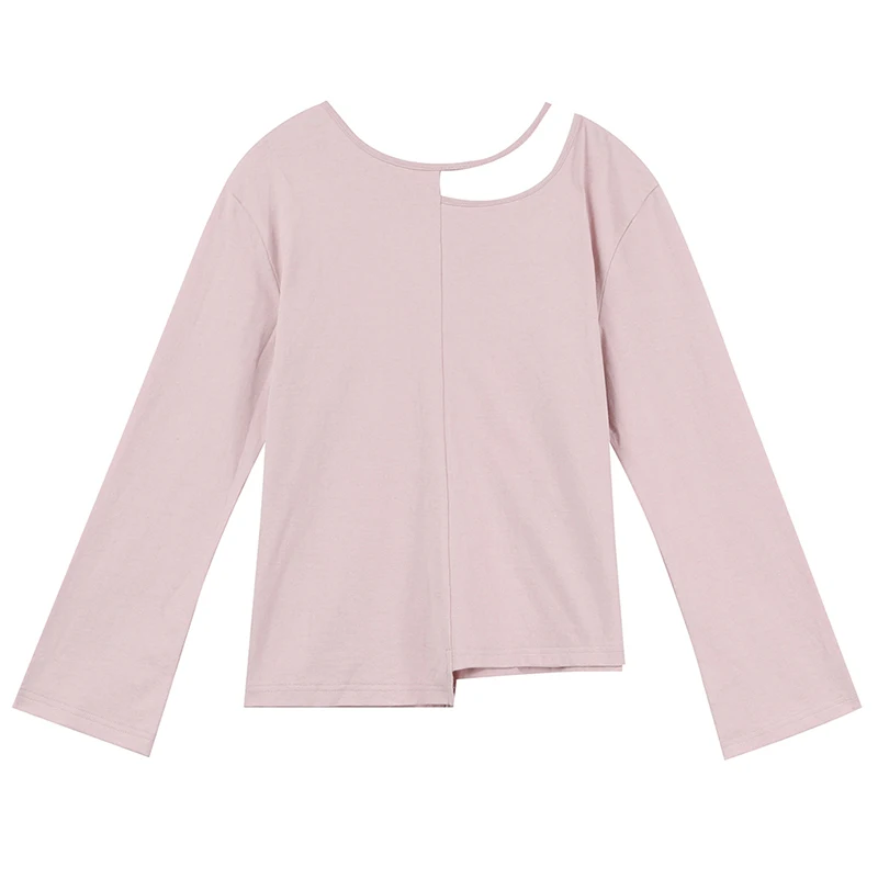 Pink Женские базовые хлопковые нижнее белье, футболки, открытые однотонные короткие рубашки с длинным рукавом, асимметричные футболки с круглым вырезом, весенние топы - Цвет: Pink