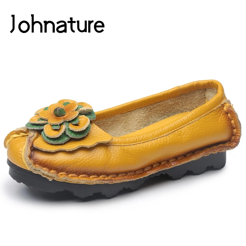 

Женские туфли на плоской подошве Johnature, однотонные удобные мягкие туфли с круглым носком, без застежки, ручная работа, для осени, 2021