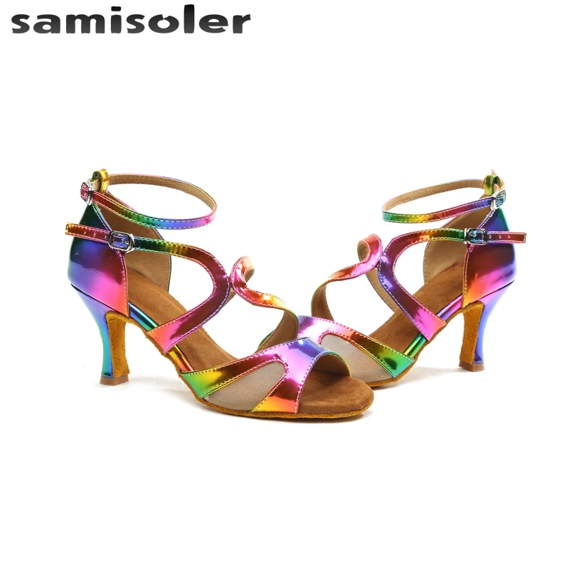 Samisoler Latin Dance Shoes Rainbow Colors bright PU Women's Salsa elegant Ballroom dancing shoes soft tango dance shoes heel