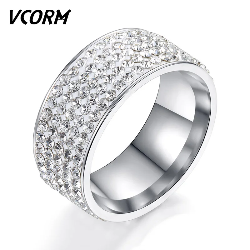 

VCORM Women Men Wedding Rings for Women Men Fashion Titanium Steel 5 Row Crystal Engagement Gold Zircon Lady Male Ring Jewelry
