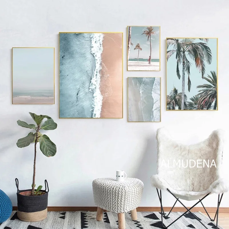 Скандинавский постер океанских волн Картина на холсте Пляжная пальма