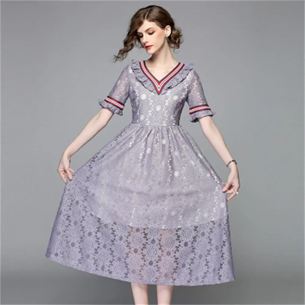 Мода v-образным вырезом All Кружевное платье миди Vestidos 2018 новый элегантный