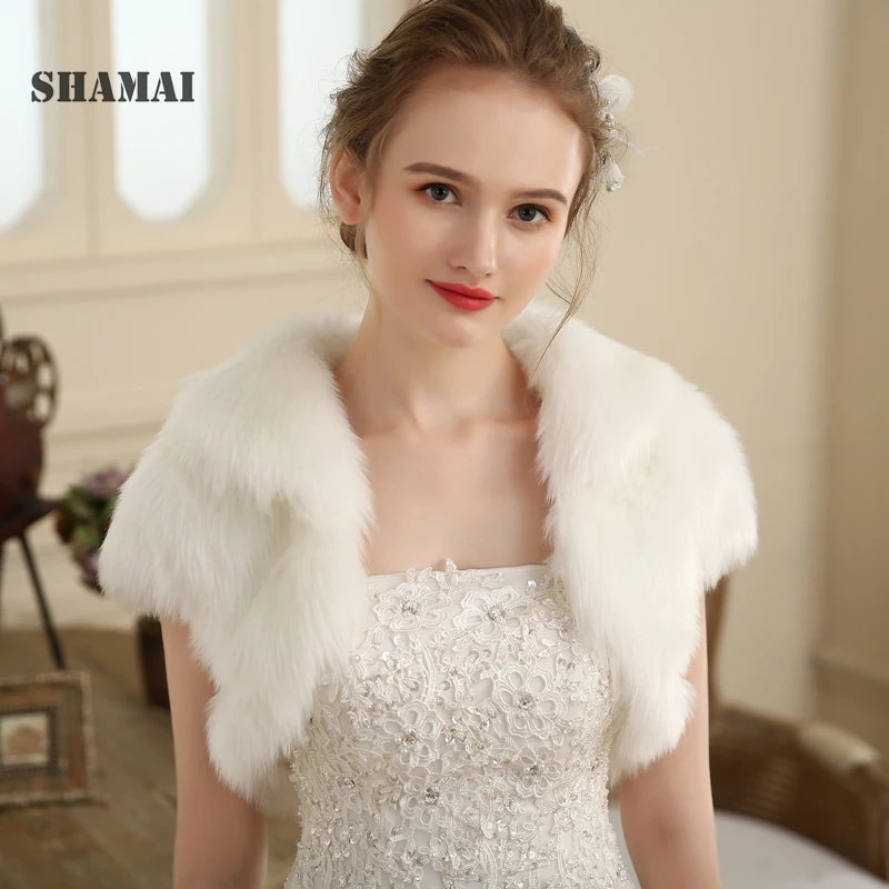 SHAMAI/зимняя куртка для невесты с коротким рукавом из искусственного меха, теплое меховое Болеро для невесты, накидка, вечерний жакет, теплые куртки для свадьбы
