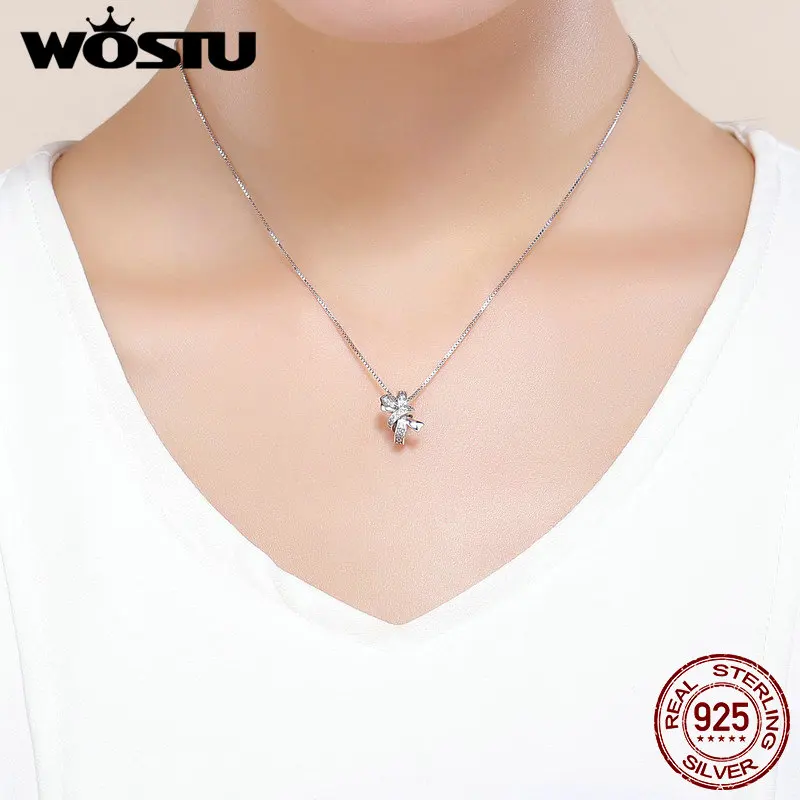 WOSTU Аутентичные 100% Стерлинговое Серебро 925 пробы бант Кристалл CZ бусины амулеты fit