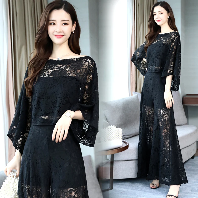 

Goddess Lace 2 Piece Set Women Two Piece Outfits Batwing Sleeve Conjunto Feminino Pantalon Taille Haute Femme Palazzo Pants