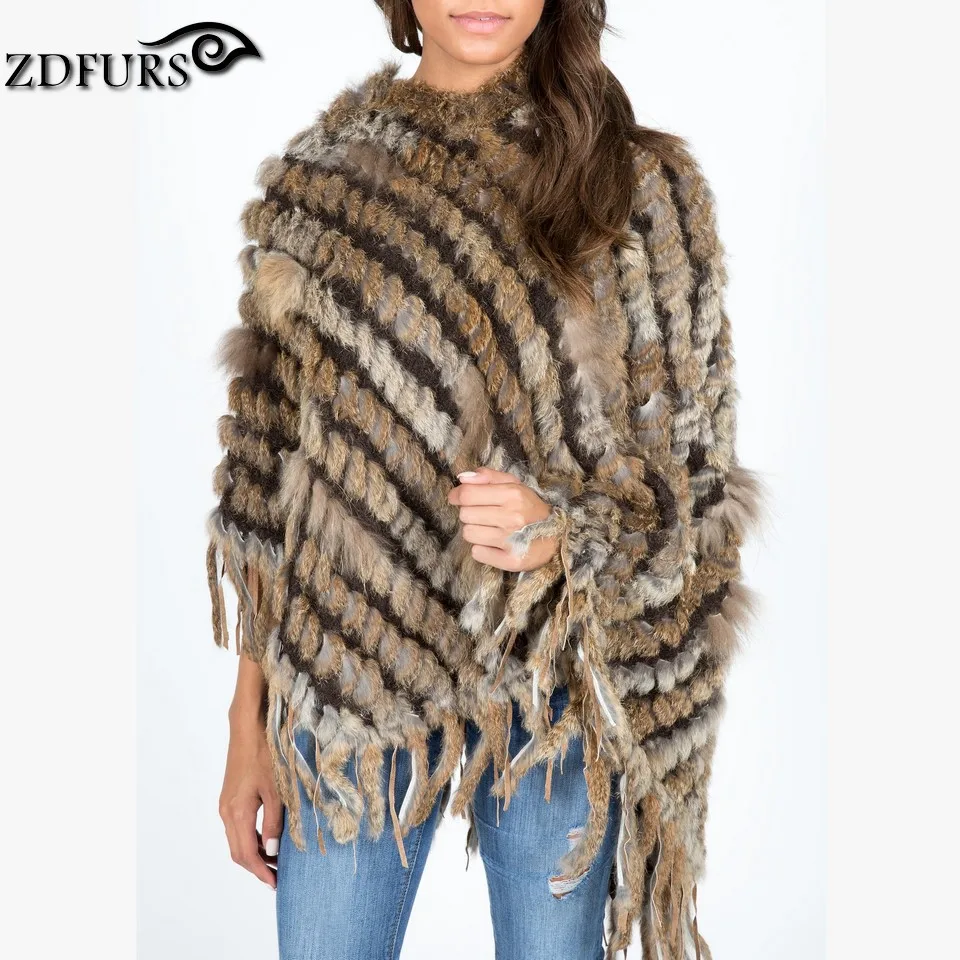 ZDFURS * Горячая Распродажа Вязаное пончо из кроличьего меха с капюшоном женская