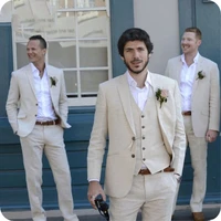 beige linen wedding suits men groom wear tuxedos 3 pieces jacketpantsvest bridegroom suits best man blazer