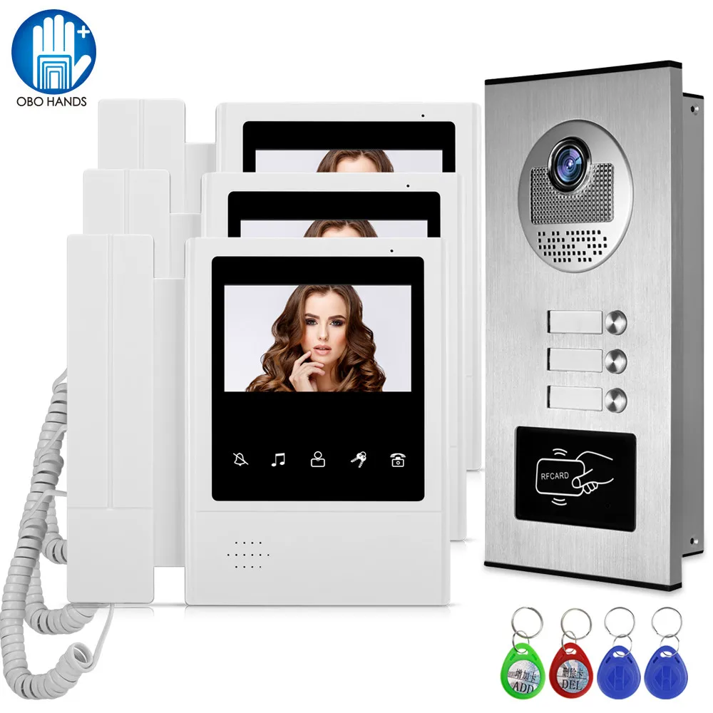 Wired Home 4.3'' TFT Video Intercom Doorbell System RFID Camera with 2/3 Monitors Doorphone for Multi Apartment EM Key Unlock