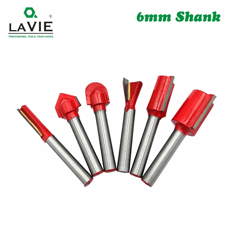 6pcs 6mm Shank Wood Router Bit Straight T V Flush Trimming Cleaning Round Corner Cove Box Bits Milling Cutter for Wood MC06012