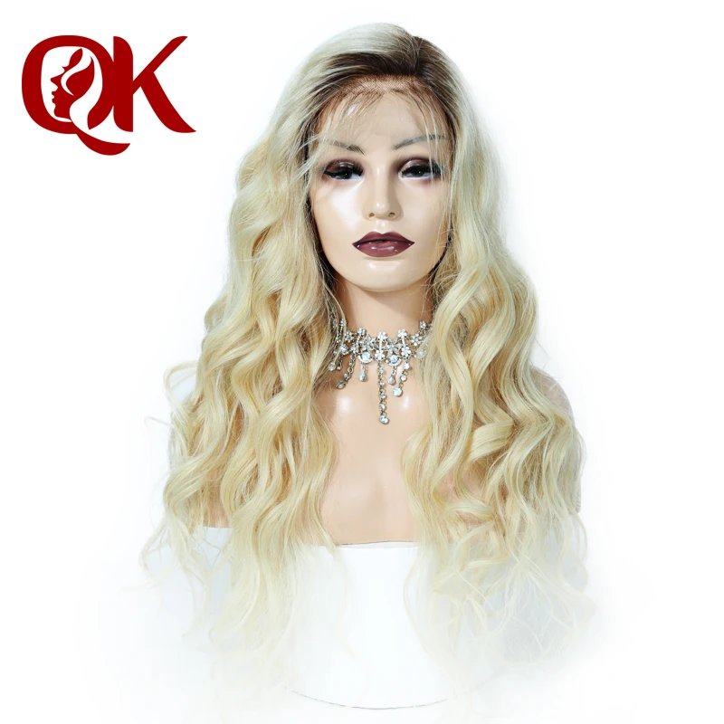QueenKing волосы человеческие волосы полный парик шнурка 150% плотность T4/613 Омбре блонд парики Волнистые бразильский Remy