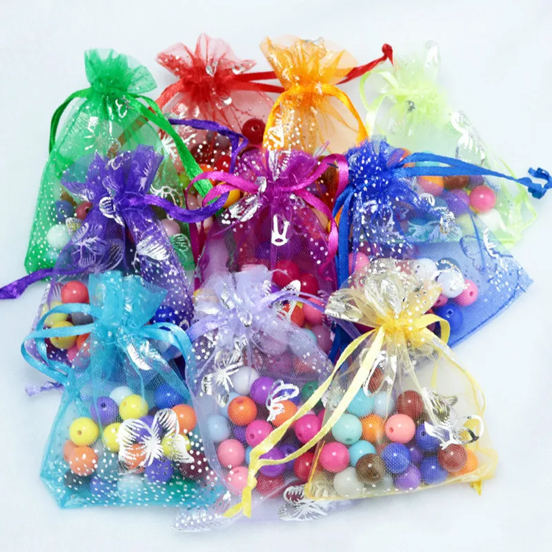 100PCS Organza Bags Silver Butterfly Design Wedding Pouches Jewelry Packaging Bags Christmas Halloween Gift Bags 7x9cm 9x12cm - Цвет: Mix Colors