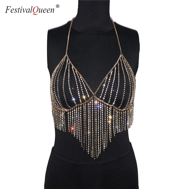 gold Festivalqueen с висячими элементами Стразы кроп-топы Женская летняя обувь пикантные золото бриллиант тела металлической цепью вечерние Клубные Танцы топ на бретельках - Цвет: gold